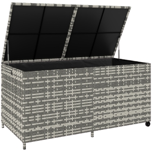 Outsunny 650L Garden Storage Box with 2 Wheels, Rattan Deck Box with Waterproof Zipped Liner, Safe Pneumatic Rods, Mixed Grey