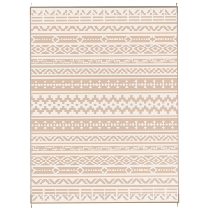 Outsunny Reversible Outdoor Rug 3.7 x 2.7 m, Geometric Wall-Pattern PP Floor Mat Carry Bag Khaki and Light Beige