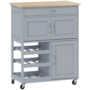 HOMCOM Modern Kitchen Trolley, Rolling Island Storage Cart with Drawer, 9-bottle Wine Rack, Door Cabinets, Wooden Countertop, Grey