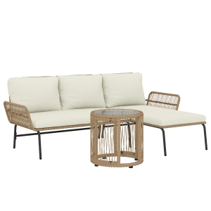 Outsunny Conjunto de Muebles de Jardín Exterior de Ratán con Sofá de 2 Plazas Chaise Longue Cojines y Mesa Auxiliar Crema