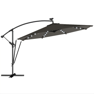 Outsunny Chapéu de Sol Excêntrico com Luzes LED Solares Ø345 cm Base Cruzada Manivela Capa Protetora Cinza Escuro