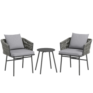 Outsunny 3-Piece Rattan Bistro Set, Garden Table and Chairs with 4 Cushions, Patio Rattan Conversation Furniture Set for Balcony, Porch, Terrace, Grey