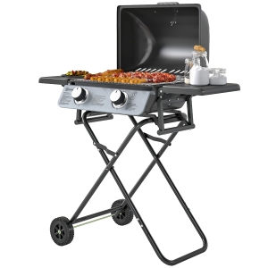 Outsunny Barbecue gaz transportable, 2 brûleurs 5,6 kW, barbecue gaz de camping avec étagères latérales thermomètre et roues, noir