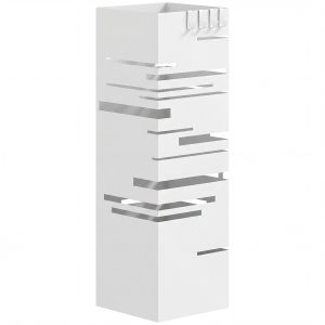HOMCOM Suporte para Guarda Chuva Metálico com 4 Ganchos e Bandeja de Recolha de Gotas Removível 15,5x15,5x49 cm Branco