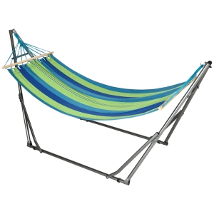 Outsunny Cama Rede com Suporte Dobrável 2 em 1 Estendal com Barra Estrutura de Aço para Jardim 270x100x94 cm Azul e Verde
