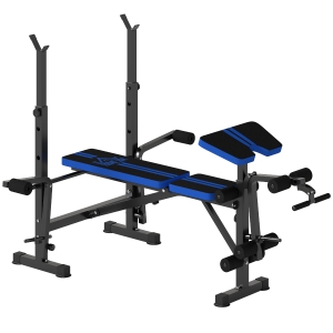 HOMCOM Banco de Musculação com Encosto Ajustável e Suporte para Barras Regulável para Treino em Casa Ginásio 175x139x127 cm Preto e Azul