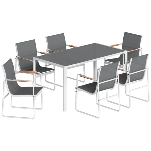 Outsunny Conjunto de Mesa e Cadeiras de Jardim de 7 Peças com Mesa de Vidro Temperado 6 Cadeiras e Estrutura em Aço Branco e Cinza