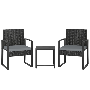 Outsunny Conjunto de Móveis de Exterior de 3 Peças em Vime PE com Cadeiras Mesa de Vidro Temperado e Almofadas Cinza Claro