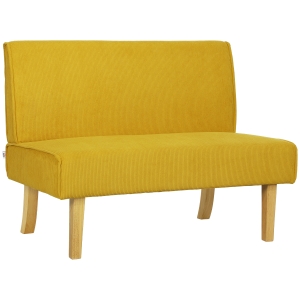 Sofa 2-osobowe, żółte, z drewnianymi nogami, styl cord