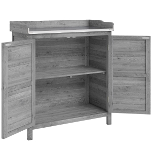 Outsunny Gartenschrank mit Pflanztisch, Holz Geräteschuppen mit verzinkter Arbeitsplatte 2 Regalböden Grau
