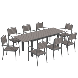Outsunny Conjunto de Mesa e Cadeiras de Jardim com Mesa Extensível Estrutura de Alumínio 8 Cadeiras e Tampo de Ripas de Madeira Plástica