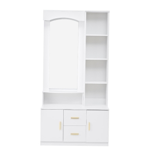 Mobile da ingresso multiuso con specchio e scarpiera, 2 cassetti e 2 ante, 90x40x180 cm, Bianco