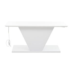 Tavolino da salotto a V con striscia LED e piano lucido, in truciolato, 100x50x46 cm, Bianco