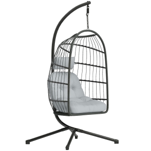 Outsunny Hanging Egg Chair, Indoor Outdoor Hammock Swing Chair with Stand, Safety Strap, Foldable Basket, Dark/Light Grey