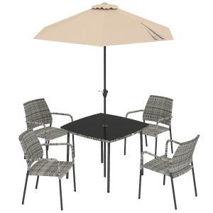 Outsunny 4 Seater Rattan Dining Set with Parasol, 6 Piece Garden Table and Stackable Chairs with Tempered Glass Tabletop