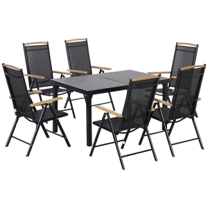 Outsunny Folding Dining Table Set for 6 People 1 Table+6 Chairs Patio Furniture Set Dining Set Aluminum Mesh Black