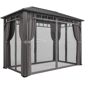 Outsunny 2 x 3.5 m Hardtop Gazebo with Galvanised Steel Roof, Waterproof Permanent Pavilion Garden Gazebo with Netting and Curtains for Patio, Deck, Dark Grey