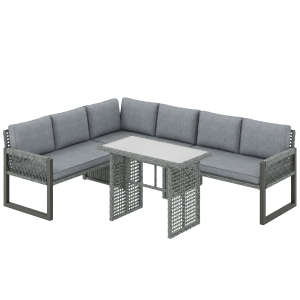 Outsunny 6 Seater Rattan Garden Furniture Set with 3 Loveseats, Table, Patio Rattan Furniture Corner Sofa Set, Grey