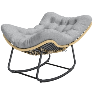 Outsunny Fauteuil à bascule de jardin pour intérieur et extérieur, rocking chair en résine tressée avec coussin moelleux, gris