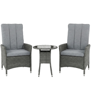 Outsunny Rattan Bistro Set, Reclining Garden Chairs and Glass Coffee Table with Cushions for Patio Balcony Porch, Grey