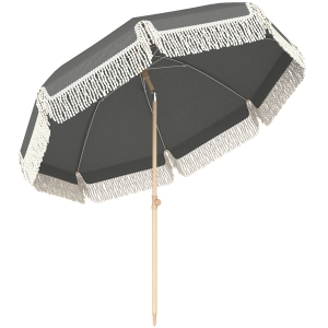 Outsunny 1.7 m Beach Umbrella with Sand Anchor, 30° Tilting Fringed Beach Garden Parasol with Adjustable Height, Grey
