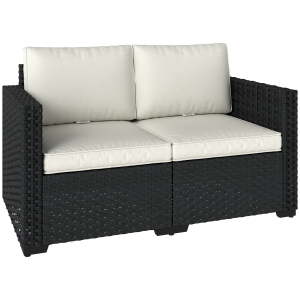 Outsunny 2 Seater Rattan Sofa, Outdoor Garden Sofa with Deep Seat, Cushions, Wide Armrests for Patio, Balcony, Porch, Black