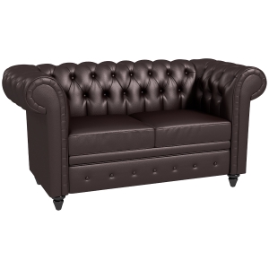 HOMCOM Canapea Chesterfield cu 2 locuri, cu pernă detașabilă, din piele ecologică, lemn și metal, 160x84x80 cm, maro