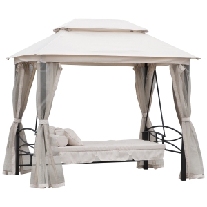 Outsunny Dondolo 3 Posti e Lettino Singolo Copertura a Gazebo con Zanzariera e Cuscini 256x172x248cm Crema