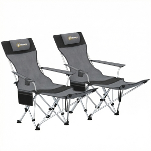 Outsunny Set of 2 Reclining Folding Camping Chair w/ Detachable Footrest, Storage Bag, Cup Holder & Headrest, Lightweight Portable Camp Chair for Beach, Picnic, Grey and Black