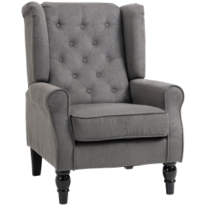 HOMCOM Wingback Accent Chair, Snow Flannel Armchair with Thick Spring Cushion, High Back, Solid Wood Legs, Retro Button Tufted Reading Chair for Living Room, Bedroom, Dark Grey