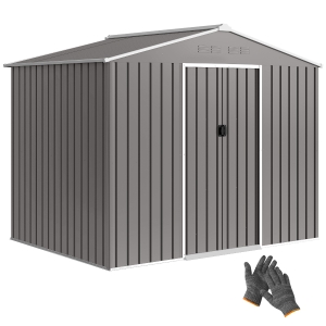 Outsunny 8 x 6ft Galvanised Steel Shed, with Double Door - Light Grey
