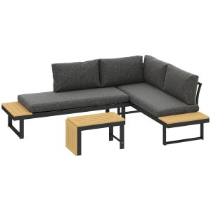 Outsunny 4 Seater L Shaped Aluminium Sectional Garden Furniture Set with 2 Loveseats and Wood-Plastic Coffee Table - Natural Wood