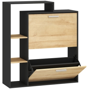 HOMCOM Móvel Porta-sapatos: 2 Gavetas Basculantes, Prateleiras, Preto e Madeira Natural.