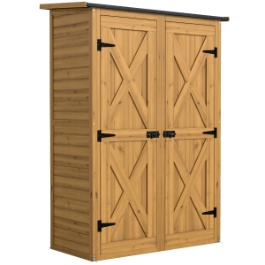 Outsunny Abrigo de Jardim de Madeira 115x53x156 cm Armário Exterior para Ferramentas com Portas Duplas Castanho