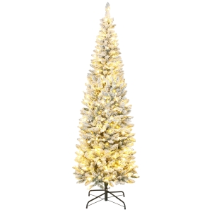 HOMCOM Árvore de Natal Estreita 210 cm Nevada com Luzes LED Bicolores 11 Modos de Iluminação 687 Ramos Suporte Metálico Verde