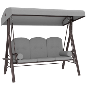 Outsunny 3 Seater Canopy Swing Chair, Outdoor Garden Swing Seat with Adjustable Canopy, Cushions and Cup Trays, Steel Frame, Light Grey