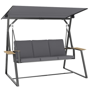 Outsunny 3-Sitzer Gartenschaukel mit verstellbarem Dach, Kissen und Getränkeablagen, 360 kg Tragkraft, Grau