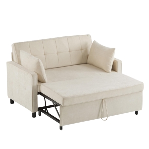 Divano letto 2 posti estraibile con schienale regolabile e rivestimento in ciniglia, 142x79x85 cm, Beige