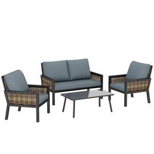 Outsunny 4 Seater Rattan Garden Furniture Set with 2 Armchairs, Loveseat, Coffee Table, Garden Sofa Set with Cushions, Grey