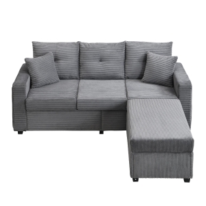 Divano angolare con ottomana, luci LED e rivestimento in tessuto effetto velluto a coste, 184x84.5x85.5 cm, Grigio