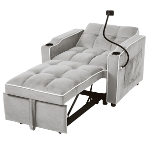 Divano letto estraibile 3 in 1 con portabicchieri e porta smartphone, rivestimento in tessuto effetto Velluto, 83x167x76 cm, Grigio e Bianco