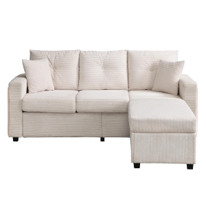 Divano angolare con ottomana, luci LED e rivestimento in tessuto effetto velluto a coste, 184x84.5x85.5 cm, Beige