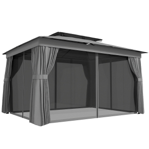 Outsunny Gazebo da Giardino a 2 Livelli con Zanzariere e Tende, in Metallo e Poliestere, 380x300x270 cm, Grigio Scuro