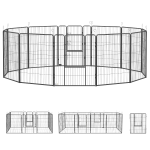 PawHut Recinto per Cani a 12 Pannelli Modulabili da 80x100 cm, Pieghevole con Porta in Acciaio e 12 Picchetti, Grigio