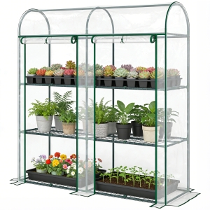 Outsunny Serre de Jardin avec étagères 3 niveaux, Petite Serre en Bâche PVC et Châssis Acier, 2 Portes Roulantes, Transparent