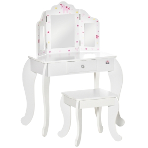 HOMCOM Tocador Infantil con Taburete y Espejo Ajustable, Tocador para Niñas con Cajón, Mesa de Maquillaje para Niños y Niñas de 3-6 Años, Blanco