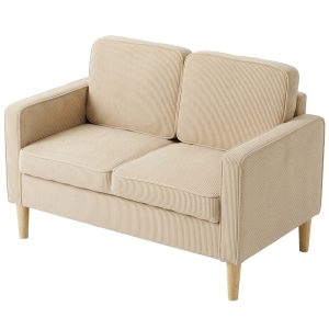HOMCOM Canapé 2 places avec 2 coussins déco, rangement, pieds en bois massif, petit canapé moderne en velours côtelé 117 x 63 x 79 cm Beige