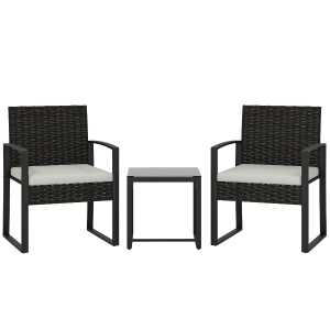 Outsunny Conjunto de Muebles de Jardín de Ratán Sintético con 2 Sillas con Cojines Extraíbles y Mesa con Tablero de Vidrio Crema