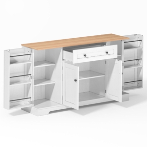 Multifunctioneel keukenbuffet met lade en dubbele deur, zijkasten met verstelbare planken en deurvakken voor kruiden, 138×40×85 cm, Wit en naturel