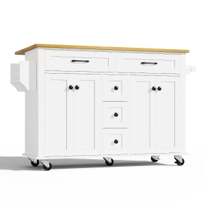 Multifunktionaler Küchenwagen mit ausklappbarer Arbeitsplatte, 140 x 40/65 x 89 cm, Weiß+Naturfarbe